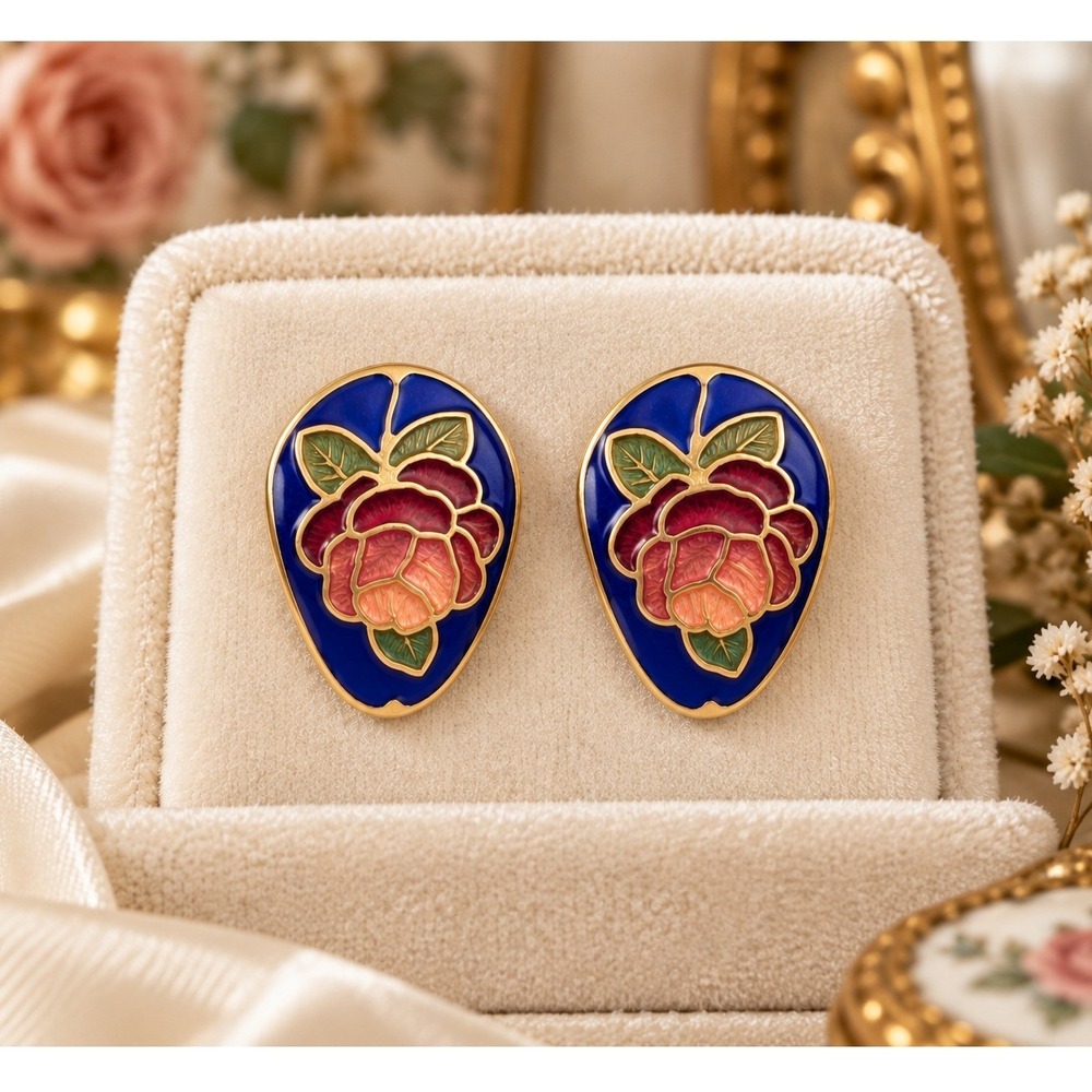 Vintage Cloisonne Blue Rose Floral Enamel Gold Tone Teardrop Earrings